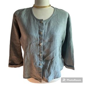 Vintage FLAX 100% Linen Blue/chambray Three Quarter Sleeve Blouse